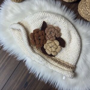 Handmade Boho Crochet Cream w/ Brown Flower Cluster Pearl Accent Beanie Hat
